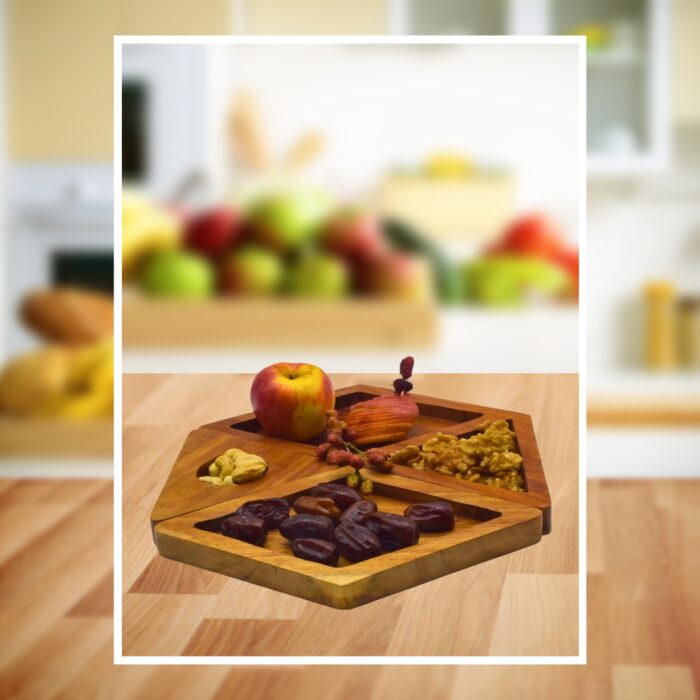 Multi-Use Wooden Plate for Women – Geometric Design with Compartments for Snacks, Serving & Décor