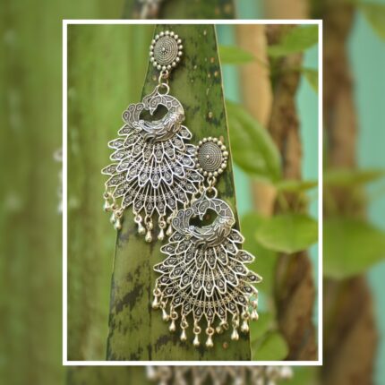 Oxidised Peacock Jhumka Earrings for Women – Traditional Ethnic Silver-Tone Jewellery