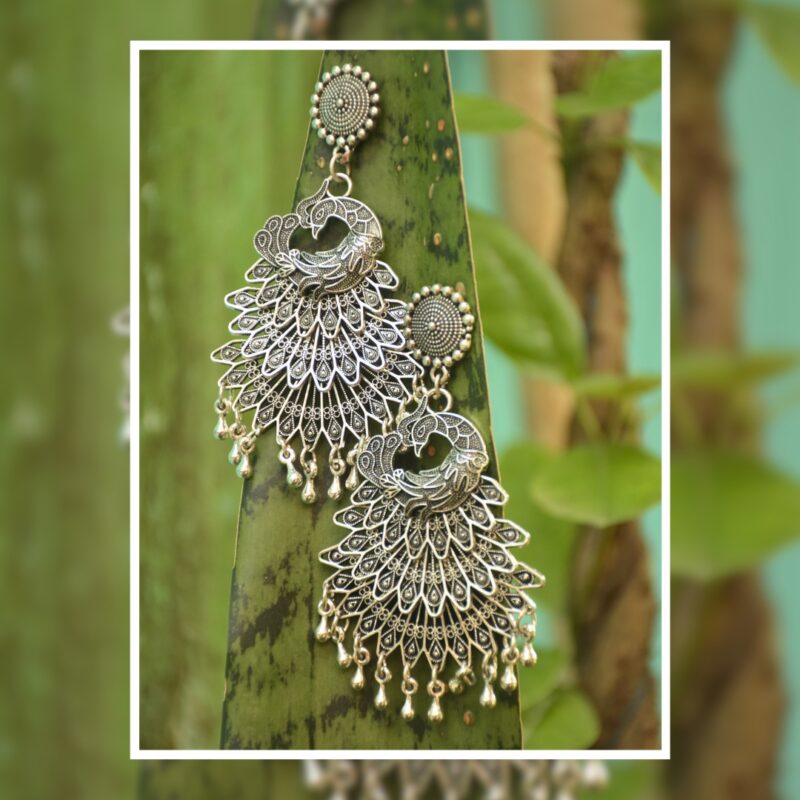 Oxidised Peacock Jhumka Earrings for Women – Traditional Ethnic Silver-Tone Jewellery